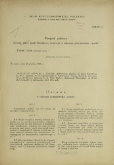 Projekt ustawy złożony przez posła Stanisława Jóźwiaka o ochronie przymiotnika "polski". Druk Nr 61 [Dodatek do] : Sprawozdanie Stenograficzne z ... Posiedzenia Sejmu Rzeczypospolitej z dnia ... (V Kadencja 1938-1939)
