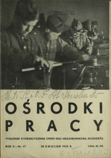 Ośrodki Pracy : tygodnik Stowarzyszenia Opieki nad Nieztrudnioną Młodzieżą R. 2, Nr 17 (28 kwiecień 1935)