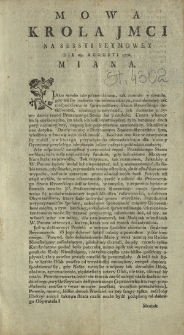 Mowa Krola Jmci Na Sessyi Seymowey Die 29. Augusti 1776. Miana