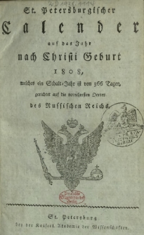 St. Petersburgischer Calender auf das Jahr nach Christi Geburt 1808