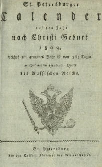 St. Petersburger Kalender auf das Jahr nach Christi Geburt 1809
