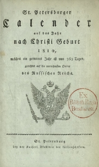 St. Petersburger Kalender auf das Jahr nach Christi Geburt 1810