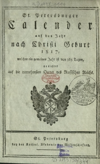 St. Petersburger Kalender auf das Jahr nach Christi Geburt 1817
