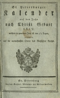 St. Petersburger Kalender auf das Jahr nach Christi Geburt 1819