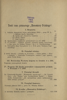 Ekonomista Polski T. 15 (1893). Treść tomu piętnastego "Ekonomisty Polskiego"