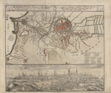 Die Königl. Polnische u. Preusische Hansee- und Handels- Stadt Dantzig, Poln. Gdansko, im Lande Pomerellien : in der Laenge 36 Grad 21', und in der Breite 54 Grad 24', in einem richtigen Plan und Prospect nebst Anzeige der Ruß-Saechßischen Belagerung A. 1734. Mit Kayserl. allergnaed. Privilegio = Urbs Hanseatica Borussiae Polonicae, Dantiscum, vel Gedanum, Polon. Gdansko, in Pomerellia sita [...]