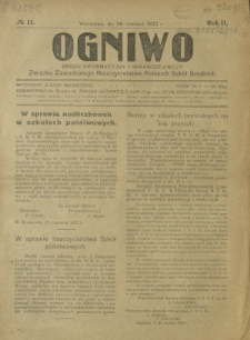 Ogniwo : organ informacyjny i sprawozdawczy Związku Zawodowego Nauczycielstwa Polskich Szk&oacute;ł Średnich R. 2, Nr 11 (26 czerwca 1922)