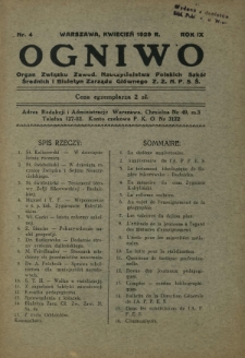 Ogniwo : organ informacyjny i sprawozdawczy Związku Zawodowego Nauczycielstwa Polskich Szk&oacute;ł Średnich i Biuletyn Zarządu Gł&oacute;wnego Z.Z.N.P.S.Ś. R. 9, Nr 4 (kwiecień 1929)