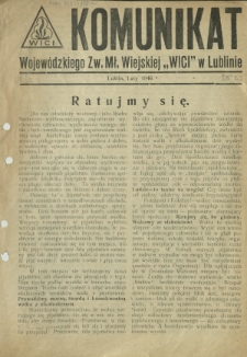 Komunikat Wojew&oacute;dzkiego Zw. Mł. Wiejskiej "Wici" w Lublinie. [R. 2, nr 2] (luty 1946)