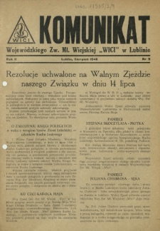 Komunikat Wojew&oacute;dzkiego Zw. Mł. Wiejskiej "Wici" w Lublinie. R. 2, nr 9 (sierpień 1946)