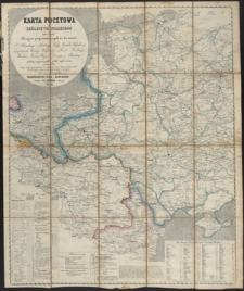 Karta pocztowa Królestwa Polskiego oraz części krajów pogranicznych aż do miast : St. Petersburga, Moskwy, Tuły, Kurska, Charkowa, Symferopola, Warny, Belgradu, Pesztu, Presburga, Wiednia, Linza, Pragi, Drezna i Berlina : podług najnowszych źródeł wykonana […] dla wygody i użytku podróżujących, biór i kantorów