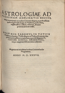 Astrologiae Ad Medicinam Adplicatio Brevis [...]