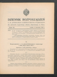 Dziennik Rozporządzeń c. i k. Jeneralnego Gubernatorstwa Wojskowego dla Austryacko-Węgierskiego Obszaru Okupowanego w Polsce 1916, Cz. 7 (3 kwiec.)