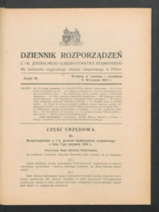 Dziennik Rozporządzeń c. i k. Jeneralnego Gubernatorstwa Wojskowego dla Austryacko-Węgierskiego Obszaru Okupowanego w Polsce 1916, Cz. 11 (9 wrzes.) + dodatek