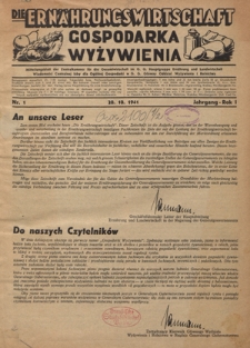 Die Ern&auml;hrungswirtschaft = Gospodarka Wyżywienia. Jg. 1, nr 1 (20.10.1941)