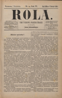 Rola : pismo tygodniowe, społeczno-literackie / pod red. Jana Jeleńskiego R. 6, Nr 14 (26 marca/7 kwietnia 1888)