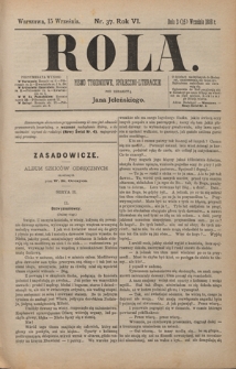 Rola : pismo tygodniowe, społeczno-literackie / pod red. Jana Jeleńskiego R. 6, Nr 37 (3/15 września 1888)