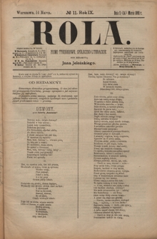 Rola : pismo tygodniowe, społeczno-literackie / pod red. Jana Jeleńskiego R. 9, Nr 11 (2/14 marca 1891)
