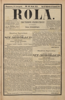 Rola : pismo tygodniowe, społeczno-literackie R. 12, nr 45 (29 pażdziernika/10 listopada 1894)