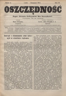 Oszczędność: organ Związku Galicyjskich Kas Oszczędności: wychodzi raz na miesiąc R. 9, nr 4 (kwiecień 1913)
