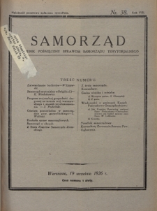 Samorząd : tygodnik poświęcony sprawom samorządu terytorialnego. R. 8, nr 38 (19 września 1926)