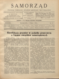Samorząd : tygodnik poświęcony sprawom samorządu terytorialnego. R. 16, nr 21 (27 maja 1934)