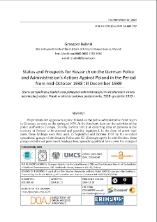 Status and prospects for research on the German police and administration&rsquo;s actions against Poland in the period from mid-October 1938 till December 1939