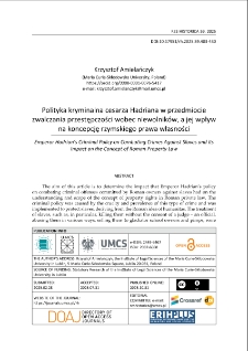 Polityka kryminalna cesarza Hadriana w przedmiocie zwalczania przestępczości wobec niewolnik&oacute;w, a jej wpływna koncepcję rzymskiego prawa własności