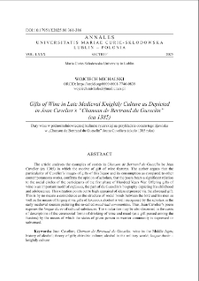 Gifts of wine in late medieval knightly culture as depicted in Jean Cuvelier&rsquo;s &ldquo; Chanson de Bertrand du Guesclin &rdquo; (ca 1385)