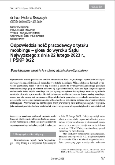 Odpowiedzialność pracodawcy z tytułu mobbingu &ndash; glosa do wyroku Sądu Najwyższego z dnia 22 lutego 2023 r., I PSKP 8/22