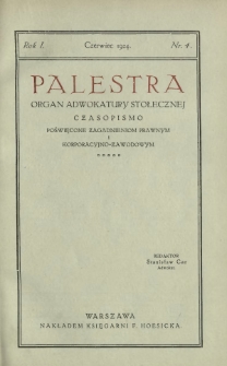 Palestra : organ Adwokatury Stołecznej : czasopismo poświęcone zagadnieniom prawnym i korporacyjno-zawodowym / red. Stanisław Car. R. 1, Nr 4 (czerwiec 1924)