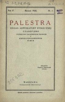 Palestra : organ Adwokatury Stołecznej : czasopismo poświęcone zagadnieniom prawnym i korporacyjno-zawodowym / red. Zygmunt Sokołowski. R. 5, Nr 1 (styczeń 1928)