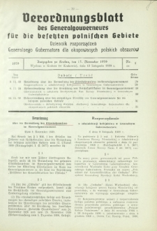Verordnungsblatt des Generalgouverneurs f&uuml;r die Besetzten Polnischen Gebiete = Dziennik Rozporządzeń Generalnego Gubernatora dla Okupowanych Polskich Obszar&oacute;w / hrsg. vom Amt des Generalgouverneurs. 1939, Nr 5 (13 November)