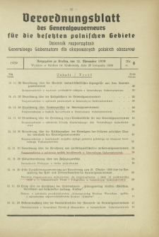Verordnungsblatt des Generalgouverneurs f&uuml;r die Besetzten Polnischen Gebiete = Dziennik Rozporządzeń Generalnego Gubernatora dla Okupowanych Polskich Obszar&oacute;w / hrsg. vom Amt des Generalgouverneurs. 1939, Nr 6 (20 November)