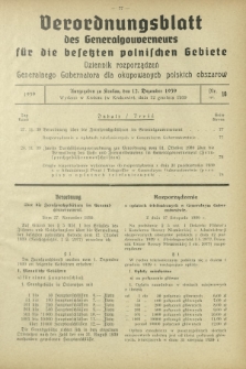Verordnungsblatt des Generalgouverneurs f&uuml;r die Besetzten Polnischen Gebiete = Dziennik Rozporządzeń Generalnego Gubernatora dla Okupowanych Polskich Obszar&oacute;w / hrsg. vom Amt des Generalgouverneurs. 1939, Nr 10 (12 Dezember)