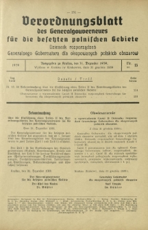 Verordnungsblatt des Generalgouverneurs für die Besetzten Polnischen Gebiete = Dziennik Rozporządzeń Generalnego Gubernatora dla Okupowanych Polskich Obszarów / hrsg. vom Amt des Generalgouverneurs. 1939, Nr 15 (31 Dezember)