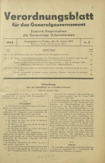 Verordnungsblatt für das Generalgouvernement = Dziennik Rozporządzeń dla Generalnego Gubernatorstwa. 1943, Nr. 5 (30. Januar)