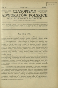 Czasopismo Adwokat&oacute;w Polskich : Dział Wojew&oacute;dztw Zachodnich : organ Związku Adwokat&oacute;w Polskich. R. 9, nr 1 (styczeń 1935)