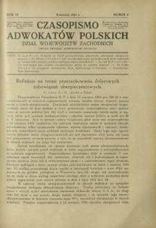 Czasopismo Adwokat&oacute;w Polskich : Dział Wojew&oacute;dztw Zachodnich : organ Związku Adwokat&oacute;w Polskich. R. 9, nr 4 (kwiecień 1935)