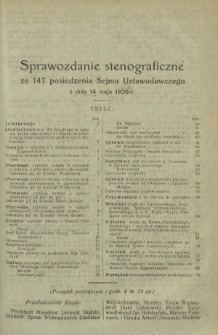 Sprawozdanie Stenograficzne z 147 Posiedzenia Sejmu Ustawodawczego z dnia 14 maja 1920 r.