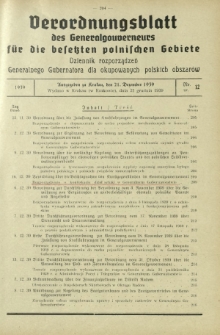Verordnungsblatt des Generalgouverneurs für die Besetzten Polnischen Gebiete = Dziennik Rozporządzeń Generalnego Gubernatora dla Okupowanych Polskich Obszarów / hrsg. vom Amt des Generalgouverneurs. 1939, Nr 12 (21 Dezember)