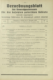 Verordnungsblatt des Generalgouverneurs f&uuml;r die Besetzten Polnischen Gebiete = Dziennik Rozporządzeń Generalnego Gubernatora dla Okupowanych Polskich Obszar&oacute;w / hrsg. vom Amt des Generalgouverneurs. 1939, Nr (21 Dezember)