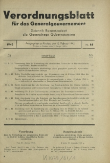 Verordnungsblatt für das Generalgouvernement = Dziennik Rozporządzeń dla Generalnego Gubernatorstwa. 1942, Nr. 14 (12. Februar)