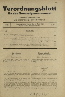 Verordnungsblatt für das Generalgouvernement = Dziennik Rozporządzeń dla Generalnego Gubernatorstwa. 1942, Nr. 31 (20. April)