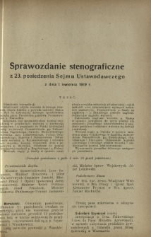 Sprawozdanie Stenograficzne z 23 Posiedzenia Sejmu Ustawodawczego z dnia 1 kwietnia 1919 r.