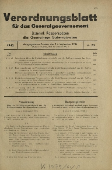 Verordnungsblatt f&uuml;r das Generalgouvernement = Dziennik Rozporządzeń dla Generalnego Gubernatorstwa. 1942, Nr. 73 (15. September)