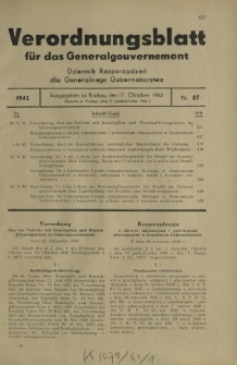 Verordnungsblatt für das Generalgouvernement = Dziennik Rozporządzeń dla Generalnego Gubernatorstwa. 1942, Nr. 87 (17. Oktober)