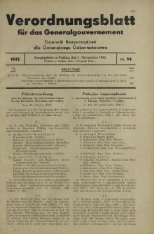 Verordnungsblatt für das Generalgouvernement = Dziennik Rozporządzeń dla Generalnego Gubernatorstwa. 1942, Nr. 94 (1. November)