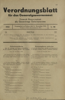 Verordnungsblatt für das Generalgouvernement = Dziennik Rozporządzeń dla Generalnego Gubernatorstwa. 1942, Nr. 98 (14. November)