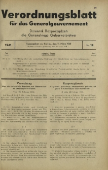 Verordnungsblatt für das Generalgouvernement = Dziennik Rozporządzeń dla Generalnego Gubernatorstwa. 1941, Nr 14 (11 Marz)
